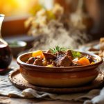 Table de dîner rustique d’automne avec un civet de sanglier mijoté dans un plat en terre cuite et une bouteille de vin rouge corsé, éclairage chaleureux et ambiance conviviale.