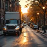 Camion de déménagement garé dans une rue urbaine étroite, panneaux d'interdiction de stationner visibles, façades en briques, sol légèrement humide, lumière chaude de coucher de soleil créant un léger éclairage volumétrique.
