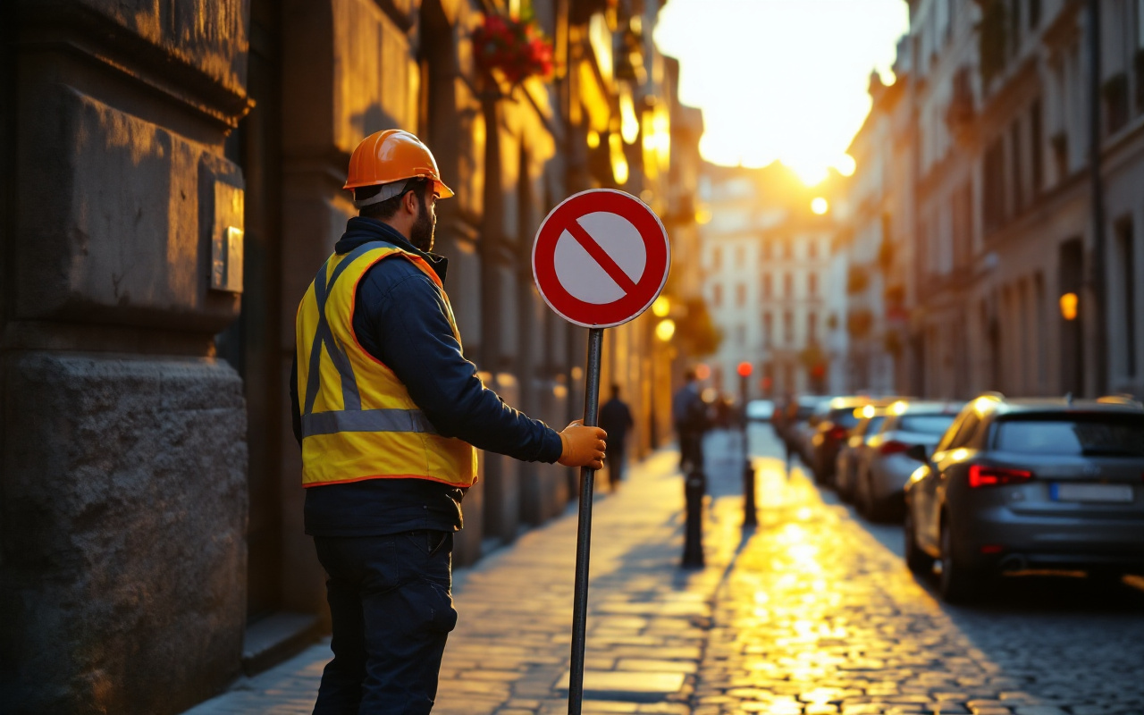 Ouvrier en gilet réfléchissant et casque installant un panneau provisoire « interdiction de stationner » sur un trottoir pavé d'une rue étroite d'une ville européenne, façades historiques en arrière‑plan et lumière chaude du coucher de soleil.