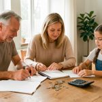 Une famille consulte ensemble son budget domestique autour d’une table lumineuse, avec des factures, un carnet et une calculatrice.