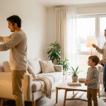 Une famille dans un intérieur moderne et chaleureux, avec un homme qui ajuste le thermostat et une femme qui éteint une lampe, sous le regard de deux enfants.