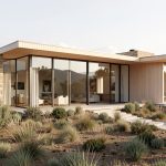 Maison contemporaine aux grandes ouvertures vitrées, harmonieusement intégrée dans un paysage naturel avec une végétation locale et une lumière douce.