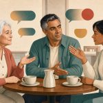 Illustration éditoriale contemporaine montrant une femme âgée, un homme d’âge mûr et une jeune femme échangeant dans un café, avec des bulles abstraites colorées évoquant la conversation.