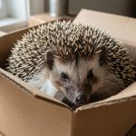 Hérisson sauvage blessé reposant dans une boîte de transport en carton, dans un environnement calme et éclairé naturellement.